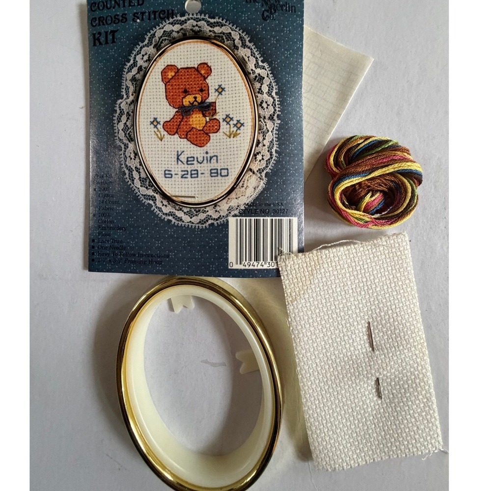 VTG Teddy Bear Birth Sampler Cross Stitch Kit The New Berlin Co No Lace